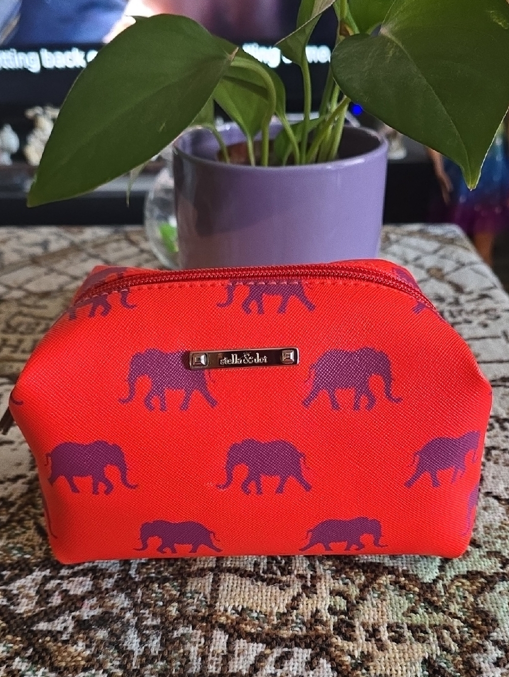 Stella & Dot Orange Cosmetic Pouch with Purple Elephant Print